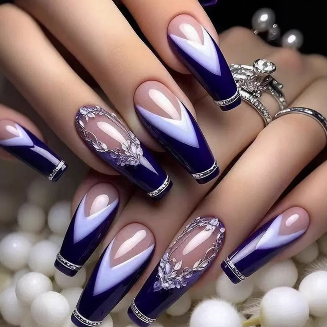 24 pièces presse sur ongles mode bleu français conseils avec fleur conception faux ongles longs Ballet cercueil faux ongles portable ensembles de manucure