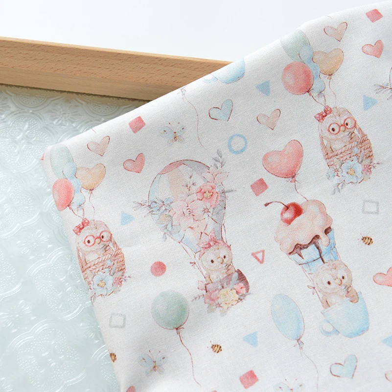 100%Cotton Pastoral Flowers Hot Air Balloon Lion Owl Digital Printing for Sewing DIY Handmade Muslin by Half Meter