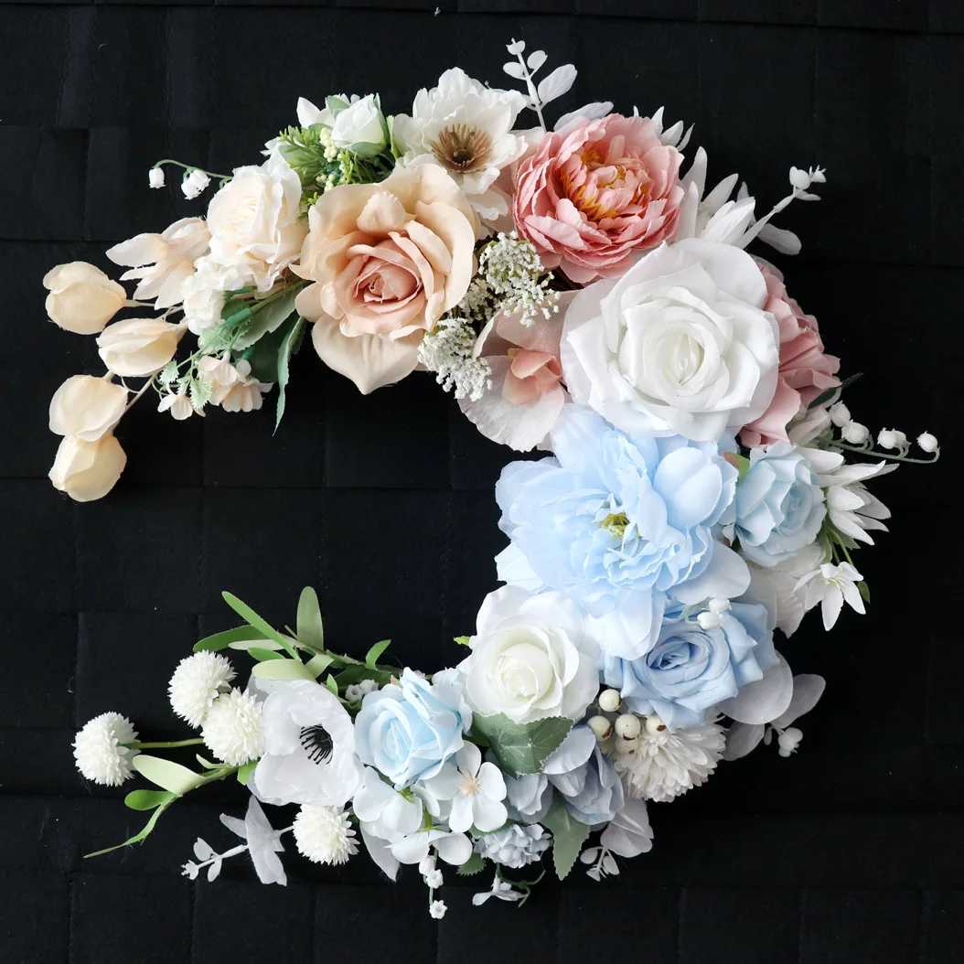 

Yannew Moon Shape Artificial Rose Flower Wreaths for Front Door Wall Hanging Crescent Moon Wreath Mother's Day Gift Home Decor