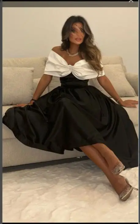 

XPAY Saudi Arabic Women Short Party Dresses Black And White Off the Shoulder Satin Tea Length Prom Evening Gowns Cocktail Dress