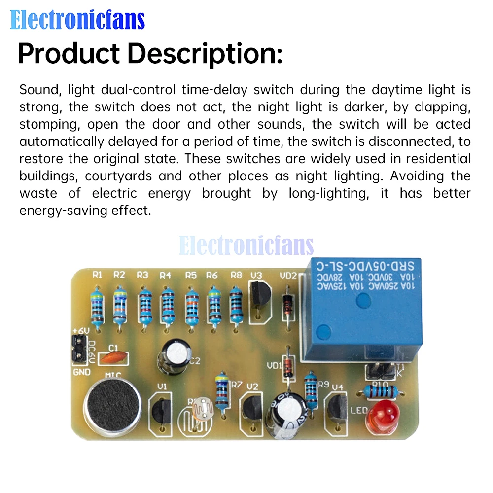 DC6V Sound and Light Dual Control Delay Switch Kit LED Light Fun Welding Practice Board Electronic DIY Production Parts