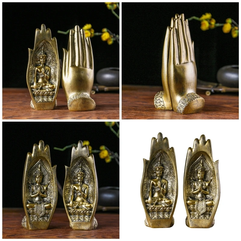 2Pcs Creative Sandstone Buddhas Hand Sculptures for Home Decoration and Meditations Space with Antique Gold Finish