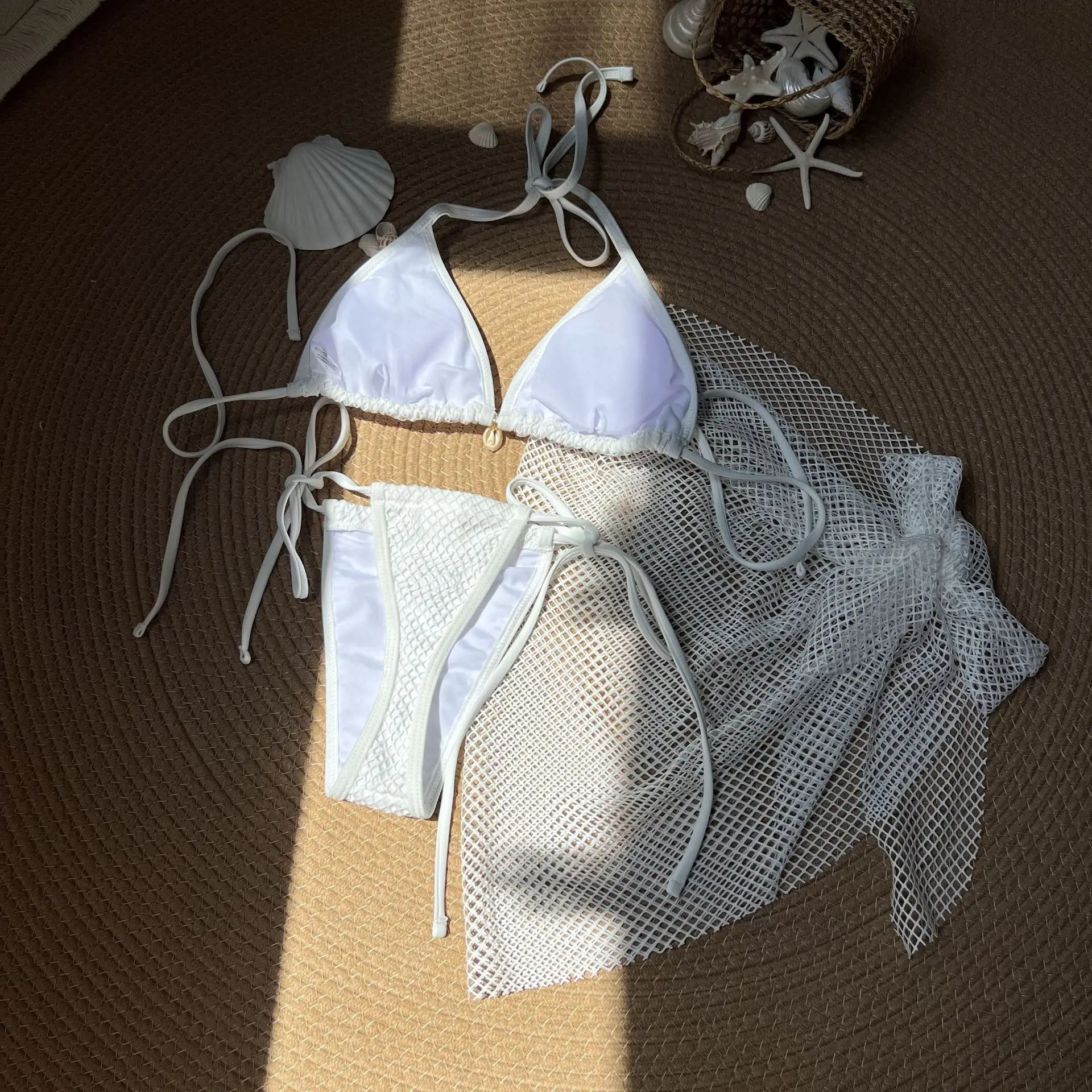 Sexy plaine maille bikinis ensembles 3 pièces avec maille couverture jupe coquille pendentif maillots de bain maillot de bain tenues de plage biquini tankini