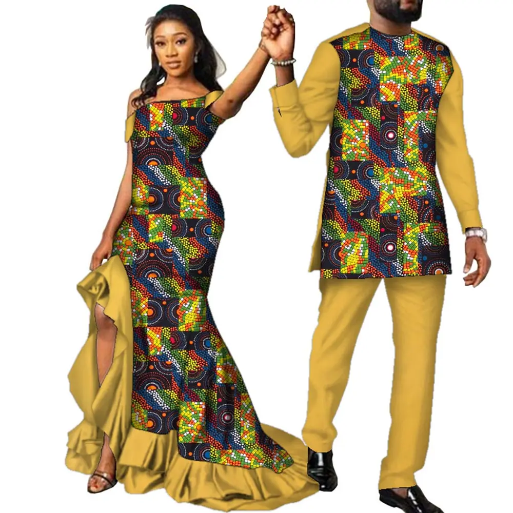 Fashion Couple Clothes African Ankara Print Women Maxi Long Dresses and Men Dashiki Suit African Clothes Lovers Outfit WYQ567