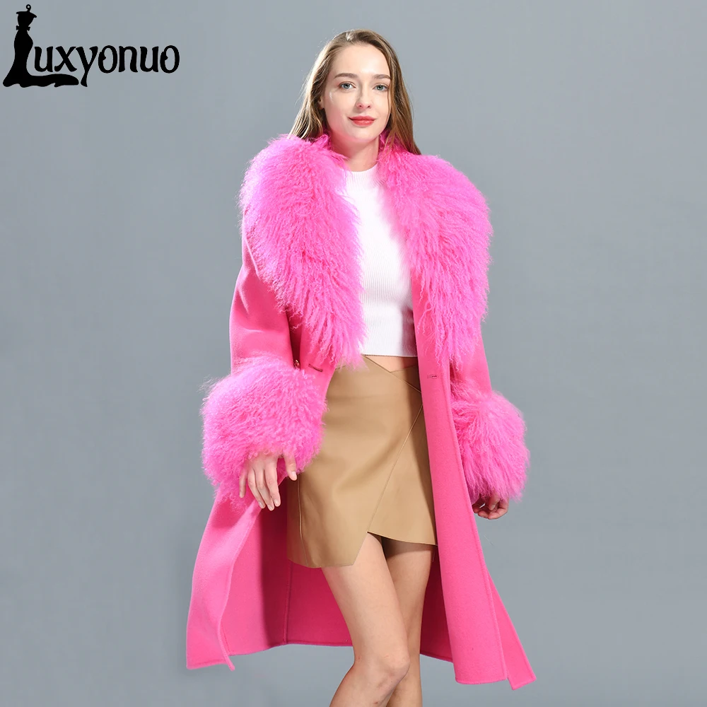 

Luxyonuo Wool Cashmere Coat Women Luxury Real Mongolian Sheep Fur Collar Ladies Double Faced Trench Coat Belt Slim Winter Long