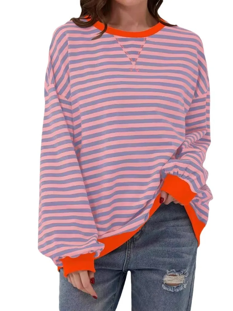 Women's Loose Casual Striped Hoodie Comfortable Cotton T-irt Printed Design Spring Autumn Thiened Version Faionable Str...