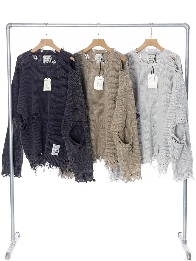 

Retro Sle Acid Wa Hole Knit Sweater Loose Fit ex Long Sve Crew Ne Pullover Sweatirt for Youth Daily Wear