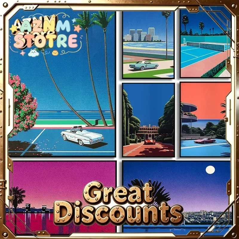 Retro Hiroshi Nagai Vaporwave Japanese Tropical Beach City Car Poster Wall Art Pictures Canvas Painting Nordic Room Home Deco