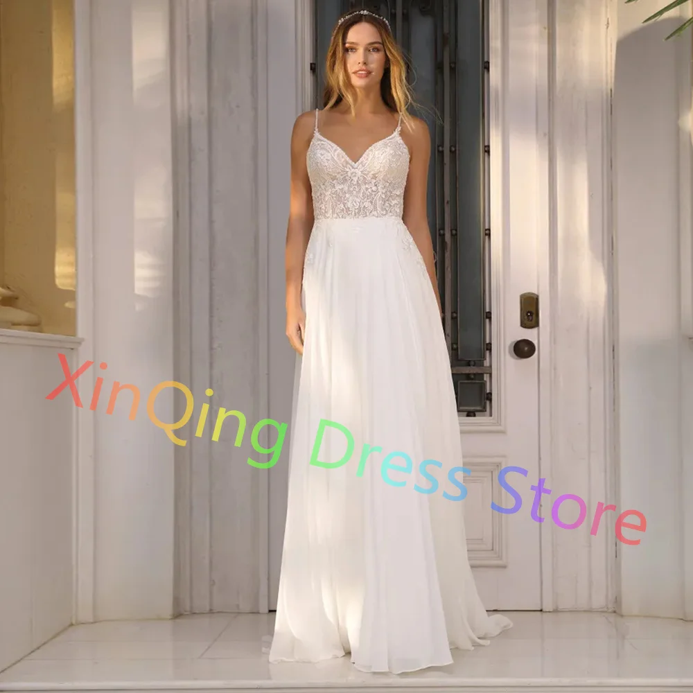 Customized Beach Wedding Dress for Brides 2024 Romantic Chiffon V-Neck Sweep Train Spaghetti Straps Bridal Gowns High Quality