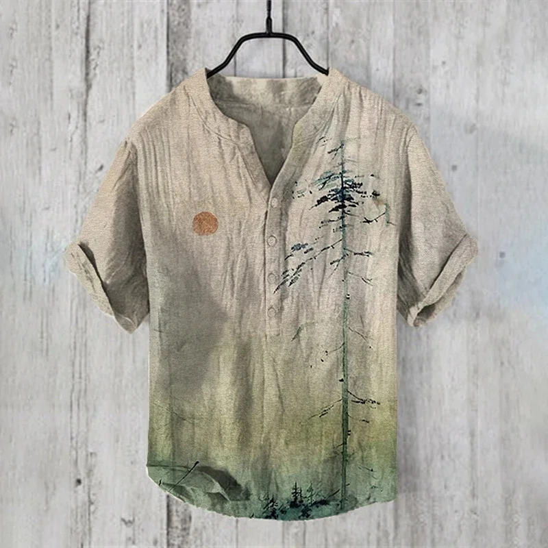 

New men's top linen 100% short sleeved shirt retro printed casual short sleeved men's youth artistic shirt