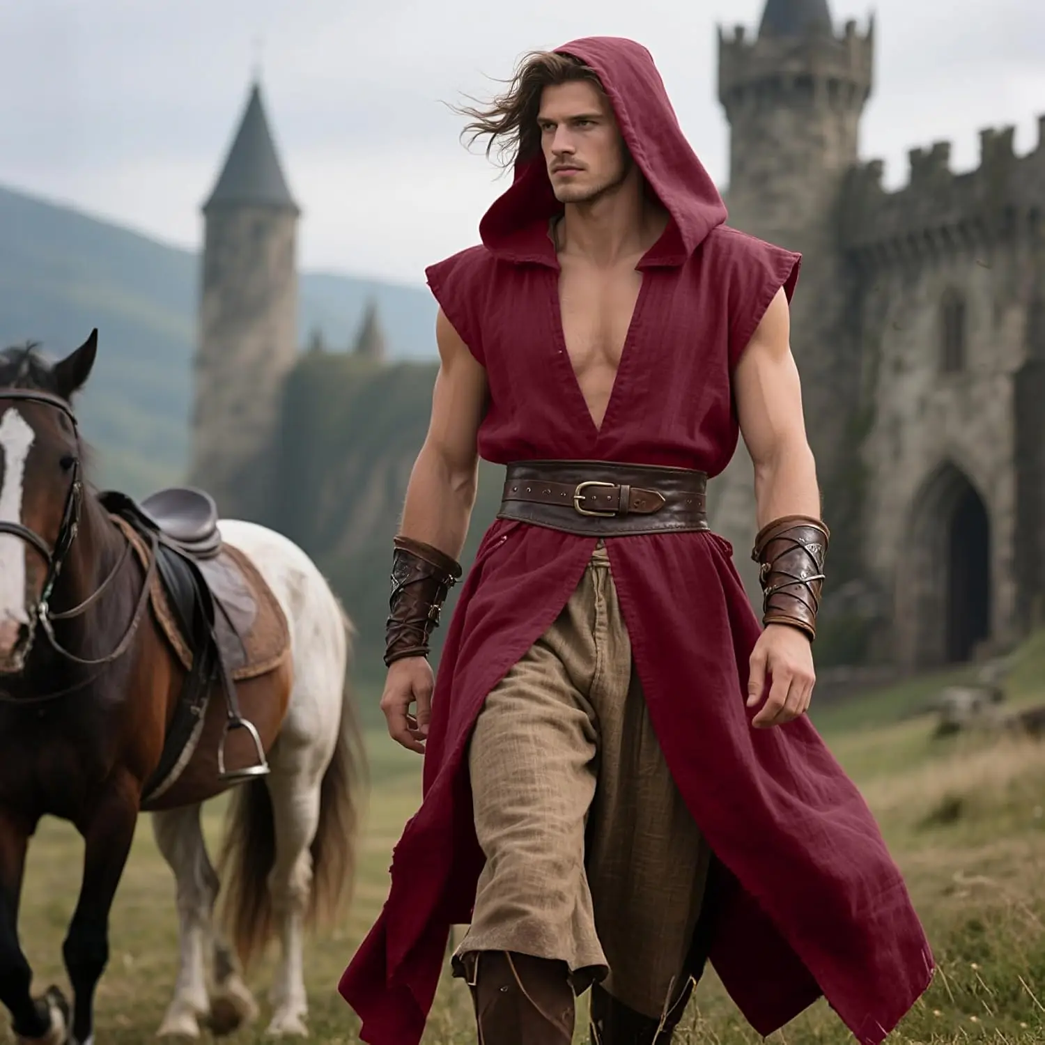 معطف رجالي بقلنسوة من القرون الوسطى وعصر النهضة تابارد بدون أكمام سترة عباءة فايكنغ زي الهالووين قاتل كوسبلاي