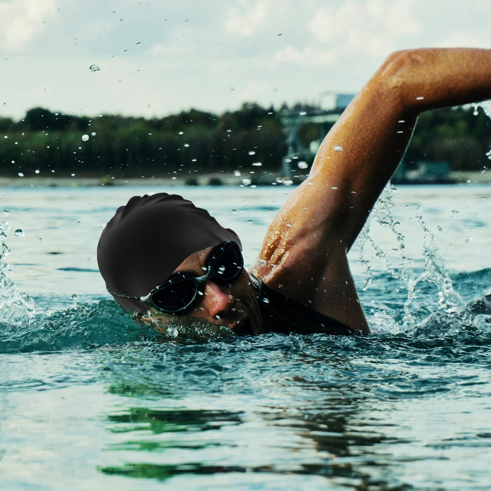 

Adult Silicone Swimming Cap Waterproof Eco Friendly Lightweight Swim Hat 3D Design Sports Elastic Swimming Accessory Black