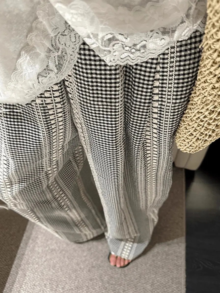 Laid-ba Koreaanse wijde pijpen broek retro ruit casual rechte snit zomer 2025 nieuwe dames hoge taille katoenmix broek