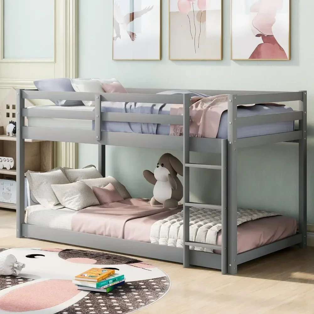 

Bunk Bed Twin Over Twin, Floor Bunk Bed w Ladder, Safety Guard Rails, Duty Wooden Twin Bunk Beds Low Bunkbeds Grey