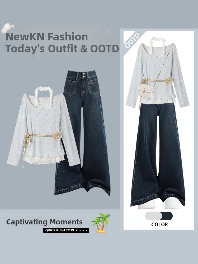

Blue Lace ter Ne Slimming Denim Jeans Women's Summer High Waist Straight Leg Faion Set Long Sve round Ne Dr