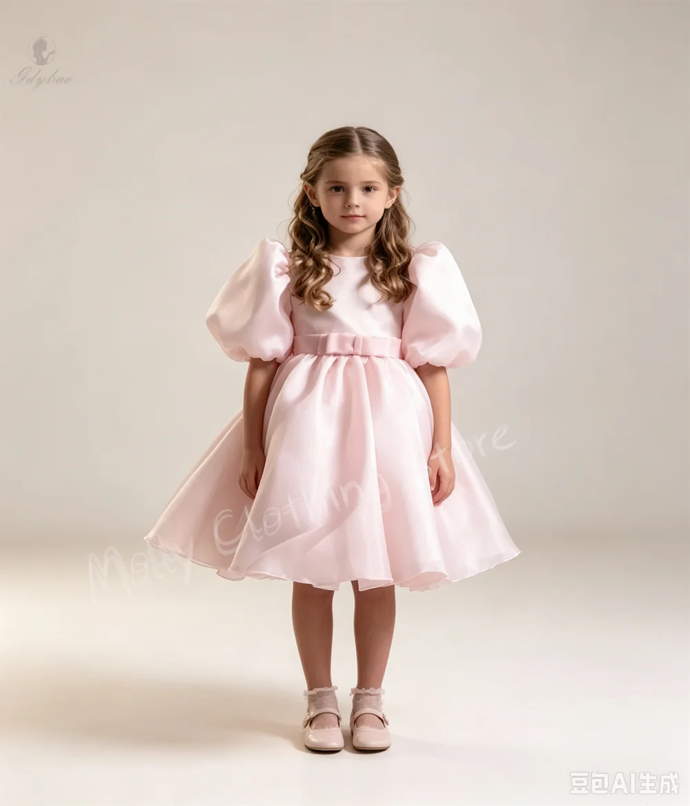 Pink Puff Sleeve Flower Girl Dress Knee-Length Little Girl's First Party Cocktail Evening Customizable Elegant Dress