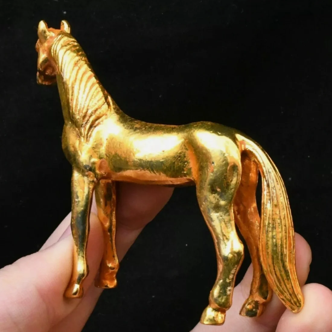 3.1''Old China Dynasty Bronze Gilt Zodiac Year Animal Horse Statue Sculpture