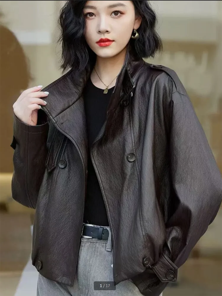 2025 Spring Autumn New Chic Loose Long Sleeve Motorcycle Leather Jacket High-End Stand Collar Leather Coat Women's Short Outwear