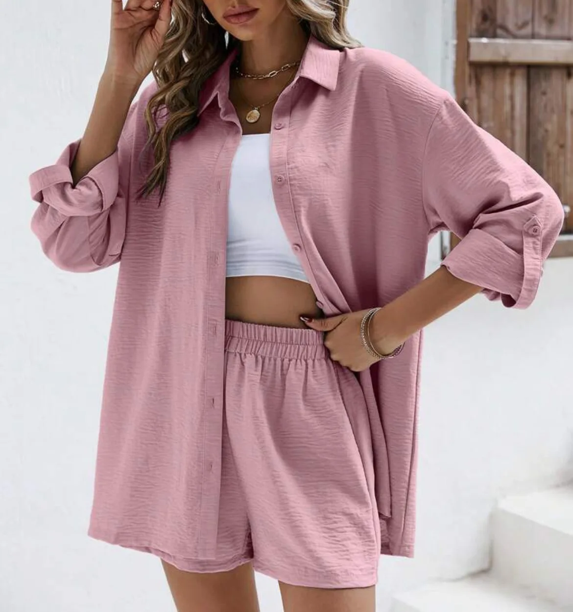 Women Short Sets Summer Short Sets Two Piece Suits Outfits High Waist Shirt Shorts Turn Down Collar Long Sleeve Shirts Sporty