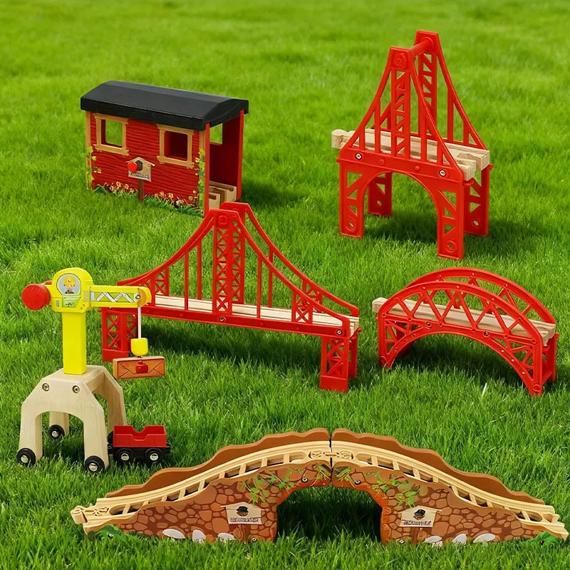 Wooden Train Track Accessories Crane Tunnel Helicopter Apron Chicken House Cave Iron Tower Bridge Wooden Railway Toys Xmas Gifts