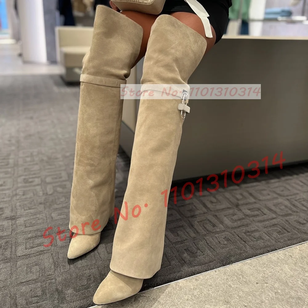 Khaki Suede Over Knee Boots With Silver Lock Women Trendy Fold Over Splicing Pointy Toe Slim Boots Sexy High Thin Heels Shoes