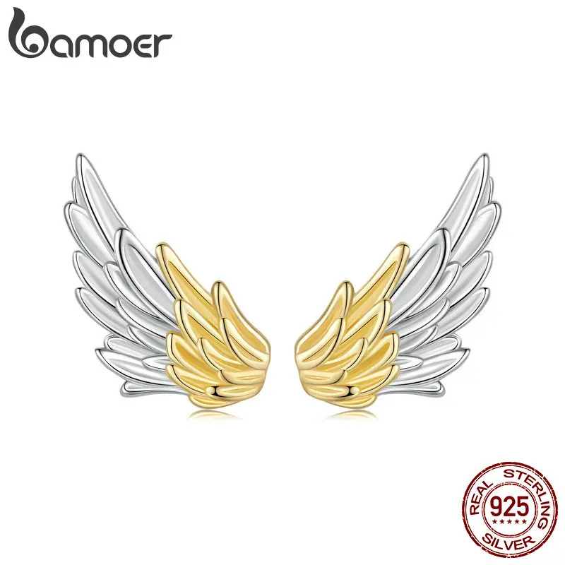 

BAMOER 925 Sterling Silver Dainty Angel Wing Stud Earrings 14K Gold Plated Hypoallergenic Earrings for Women Jewelry Gifts