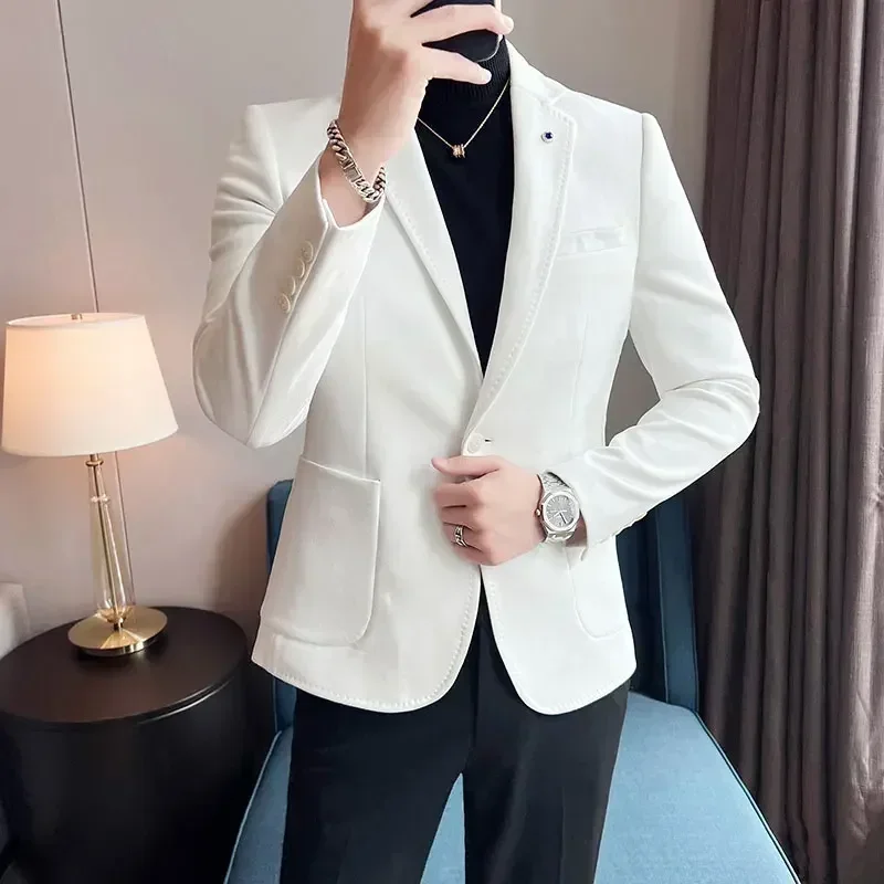 New High Quality Suede Jacket for Men Fashion Korean Slim Business Casual Suit Dress Party Solid Color Trend Blazer