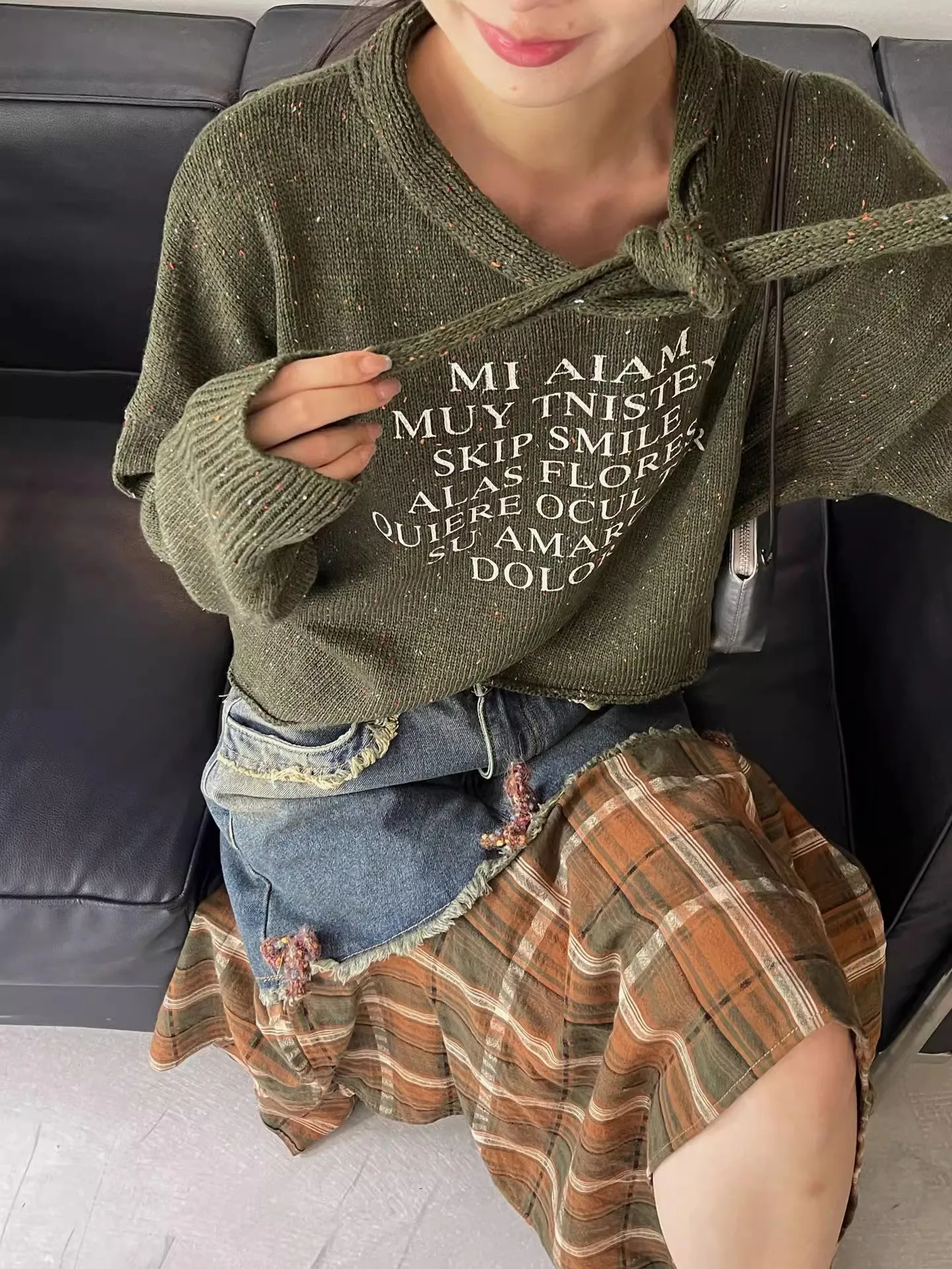 ReddaChic Lounge Women Graphic Pullover Sweater Knotted Letters Long Sleeves Loose Cropped Jumper Top Vintage Autumn Knitwear