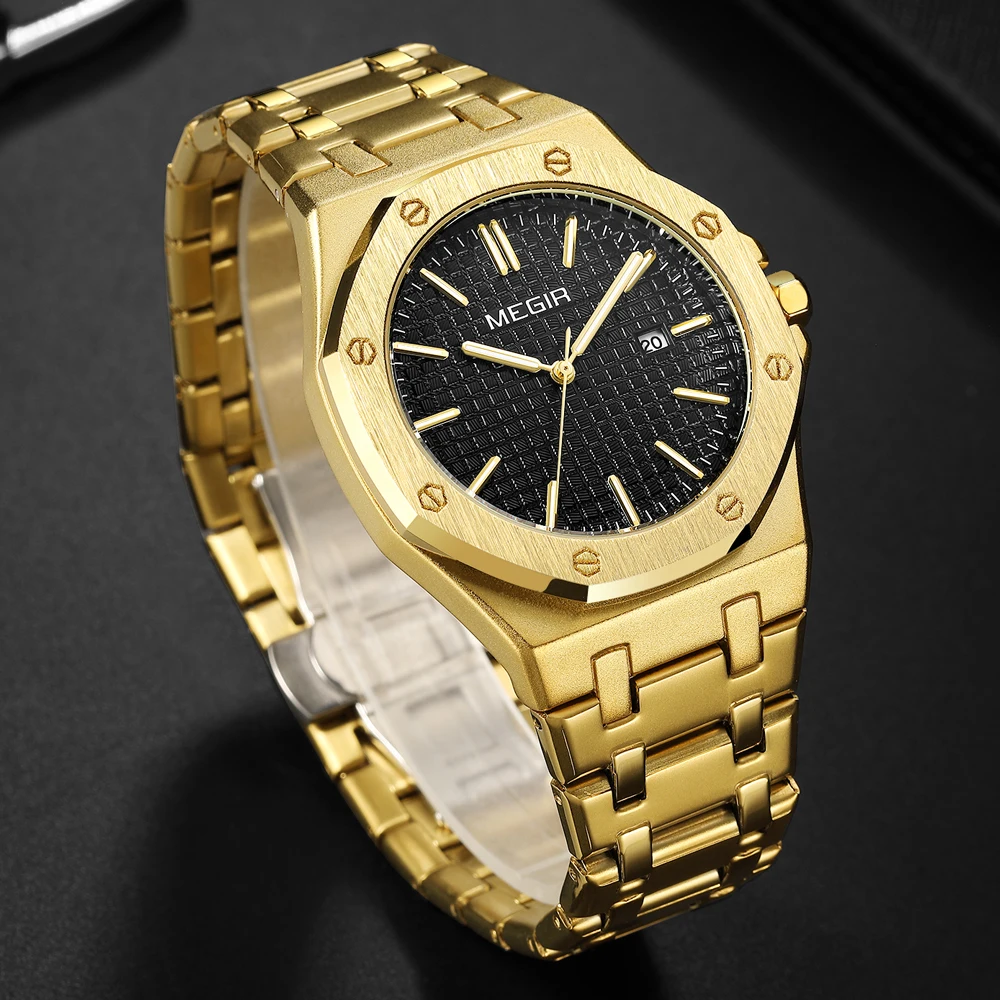 ساعات MEGIR للرجال من الفولاذ الناعم ساعة تناظرية كوارتز أصلية للرجال مقاومة للماء ومضيئة بمينا التاريخ