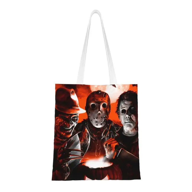 Recycling Welcome To Horror Movies Shopping Bag Women Shoulder Canvas Tote Bag Washable Halloween Character Grocery Shopper Bags