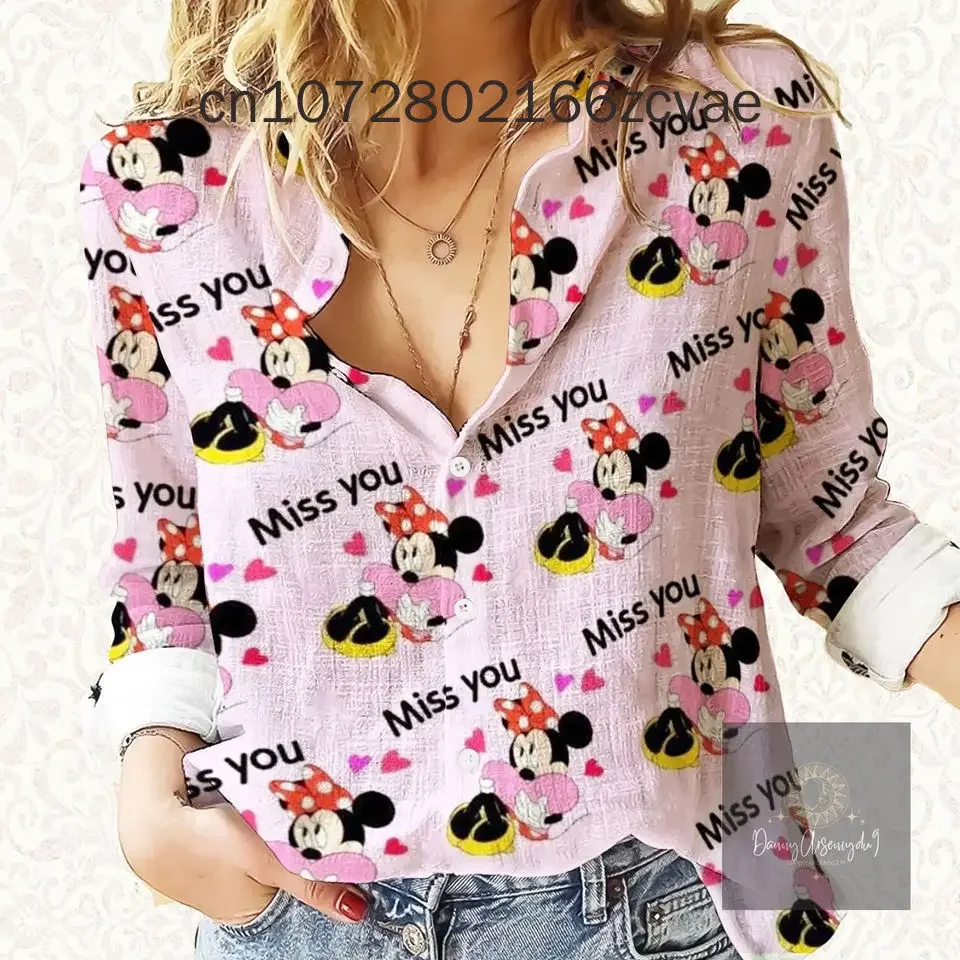 2024 neue Disney Harajuku Slim Fit 3D-Druck Frauen Knopf bis Langarm Revers Mickey Minnie Y2k lässig süßes Hemd