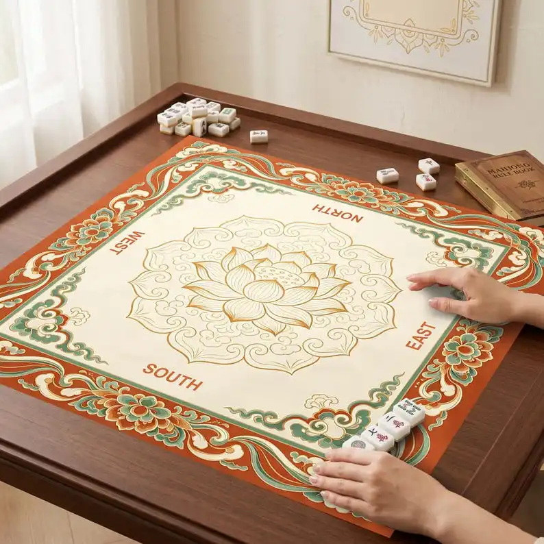 New Chinese Lotus Cloud Mahjong Table Mat Non Slip Shock Absorbing Soft Square Pad Washable Four Direction Marked Game Pad
