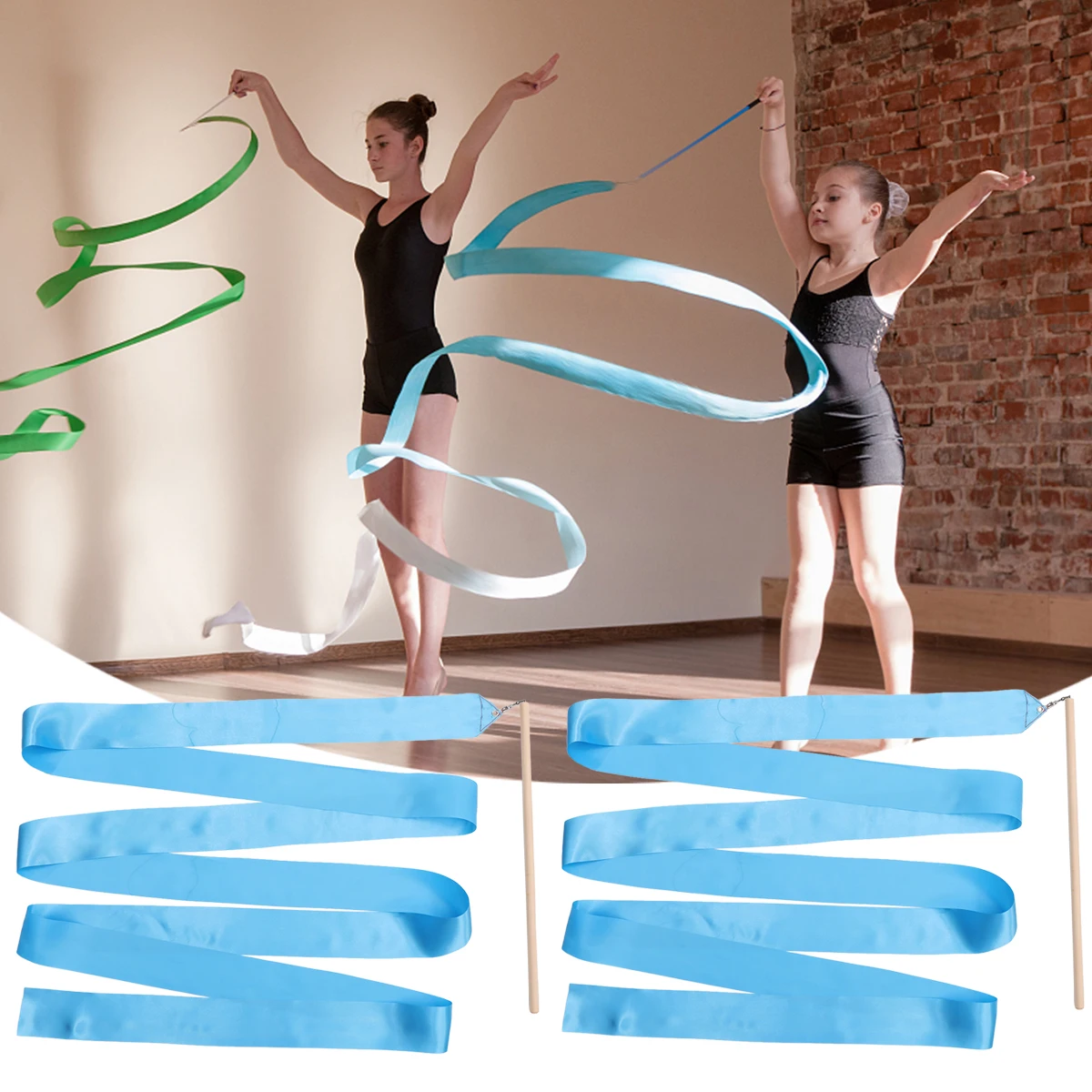 

2Pcs Rhythmic Gymnastics Ribbons Durable Wooden Wands Kids Dancing Streamers Colorful Silk Ribbon Props Circus Skill Training