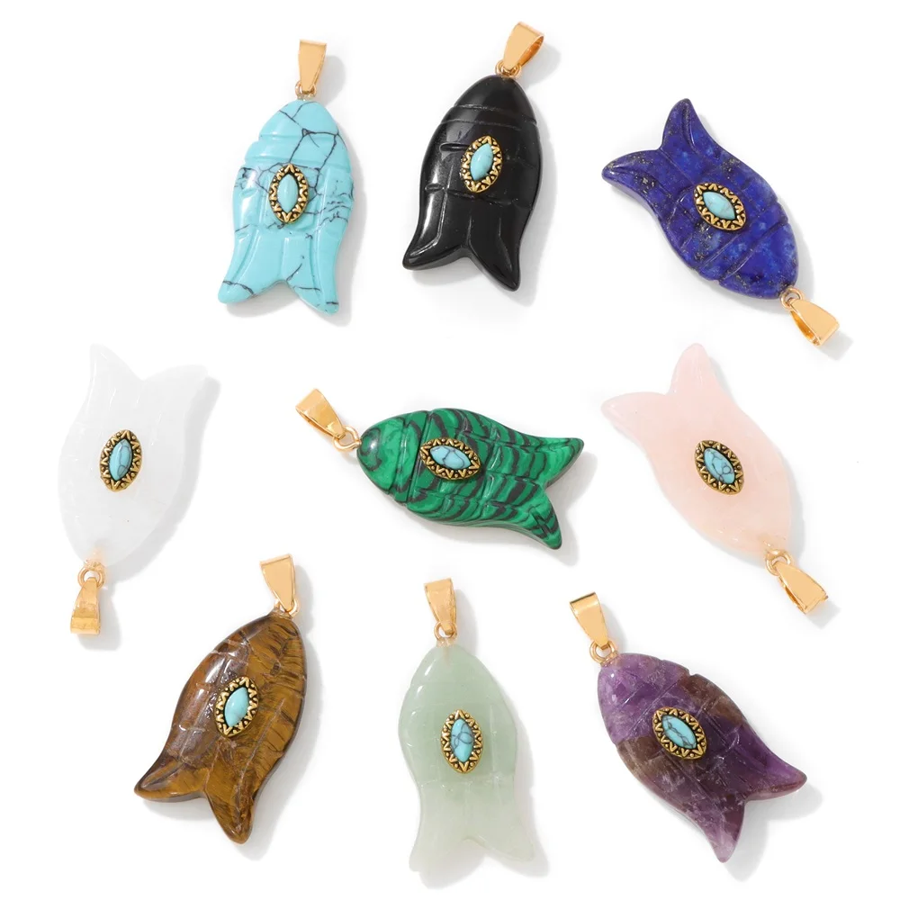 2pcs/pack Fish Shape Natural Stone Pendants Inlaid Evil Eye Pattern Design Charms Jewelry Accessory For Unique Jewelry Making