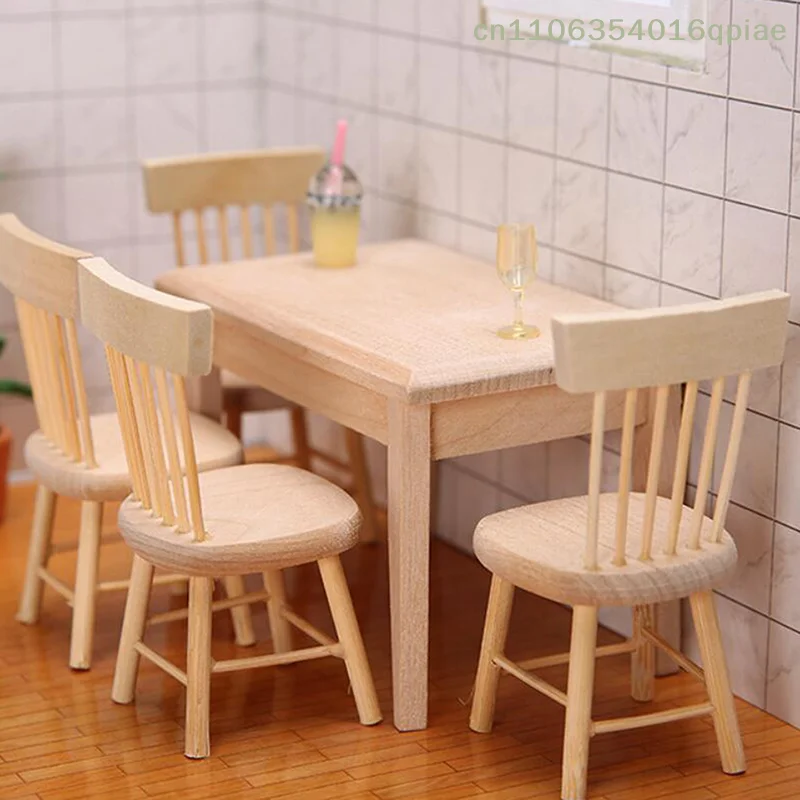 

（Summer4）1/12 Miniature Dollhouse Furniture Wooden Dining Table Chair Simulation Toy