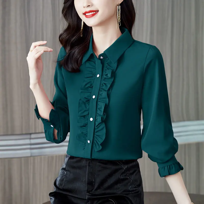 Spring Autumn New Female Ruffles Spliced Polo-Neck Shirt Office Lady Fashion Long Sleeve Solid Color All-match Button Blouse