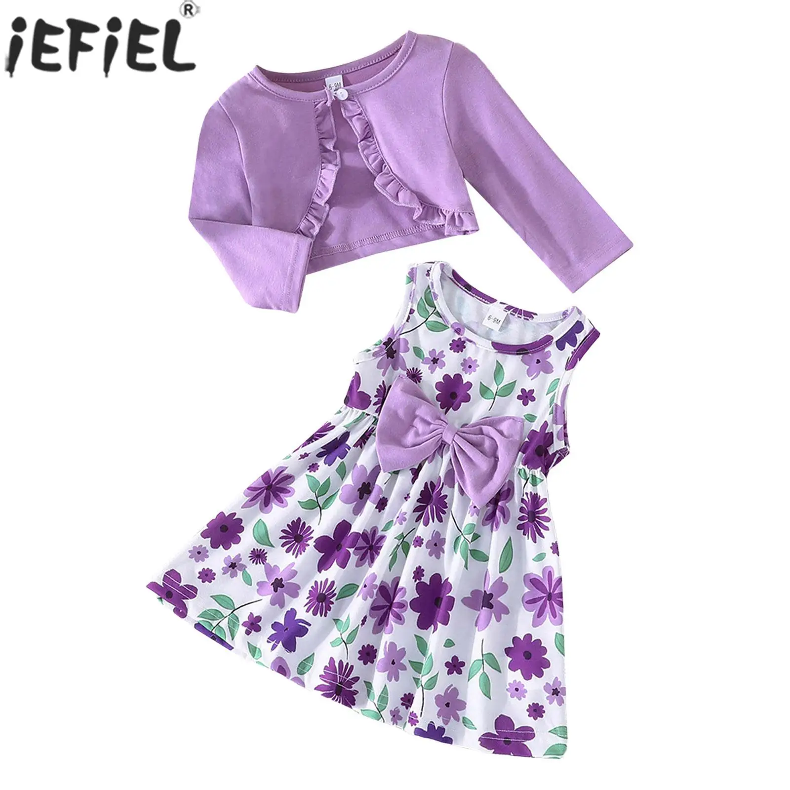 

3-24M Baby Girls Casual Clothes Set Sleeveless Cute Print Dress with Cardigan for Daily Beach Holiday School Party Loungewear