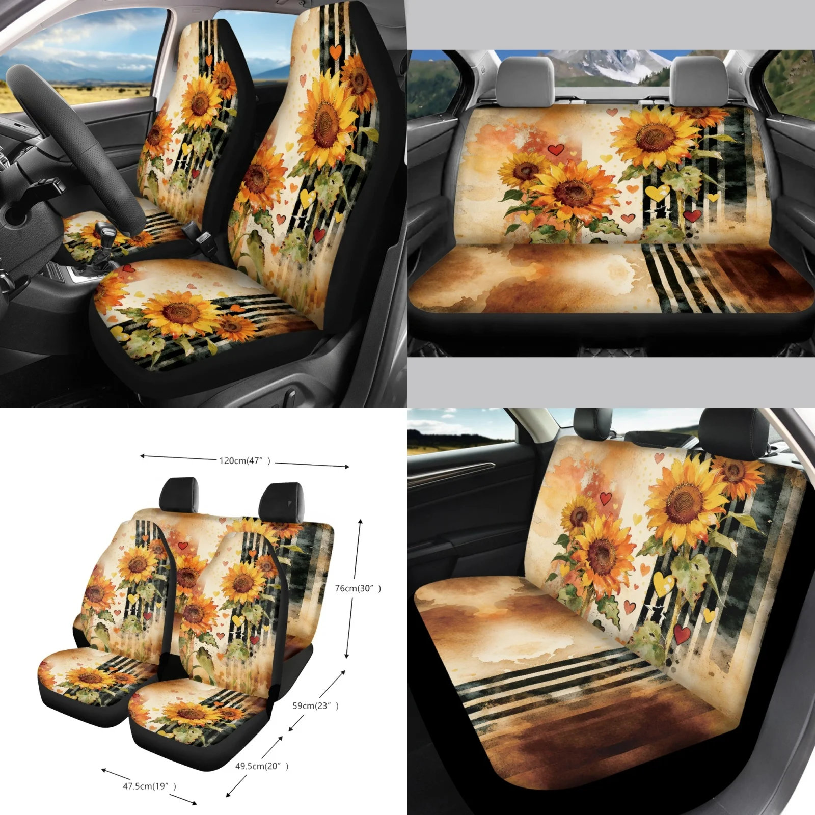 Coloranimal Sunflower Heart Set of 15 Car Seat Cover All-in-One Functional Car Seat Covers Suitable for Sedan Daily
