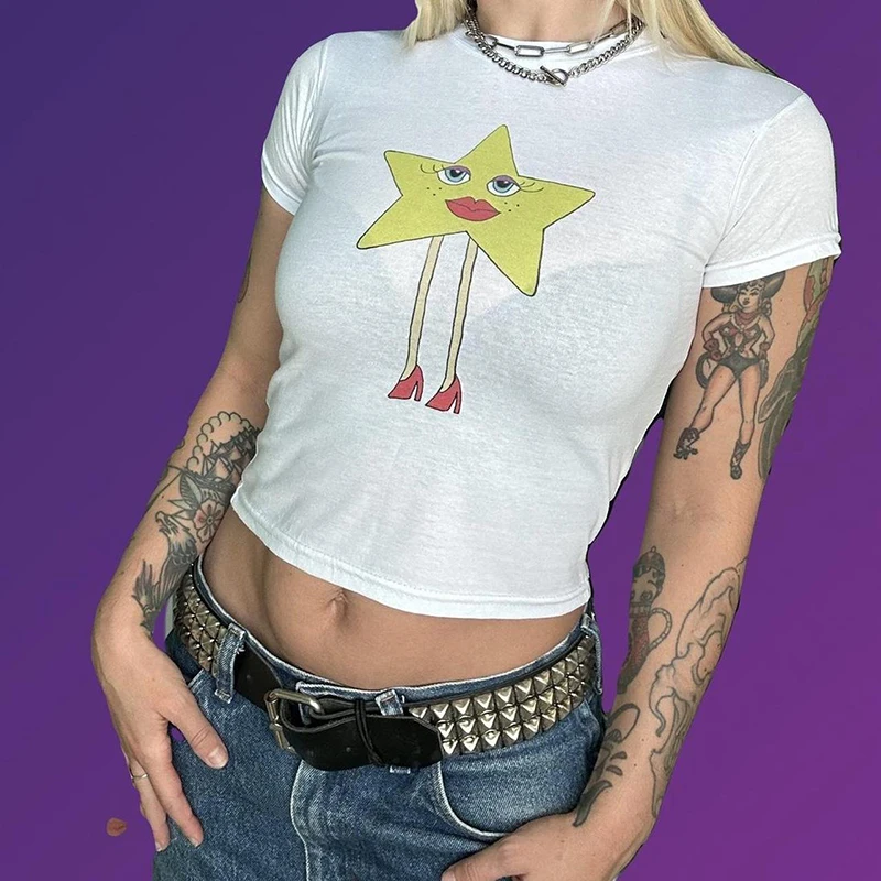 

Lovely Cartoon Stars Crop Tops Y2K Vintage Teen's Retro Streetwear 2000s Kwaii Graphics Tops Short Sleeve Girl's Summer Clothing