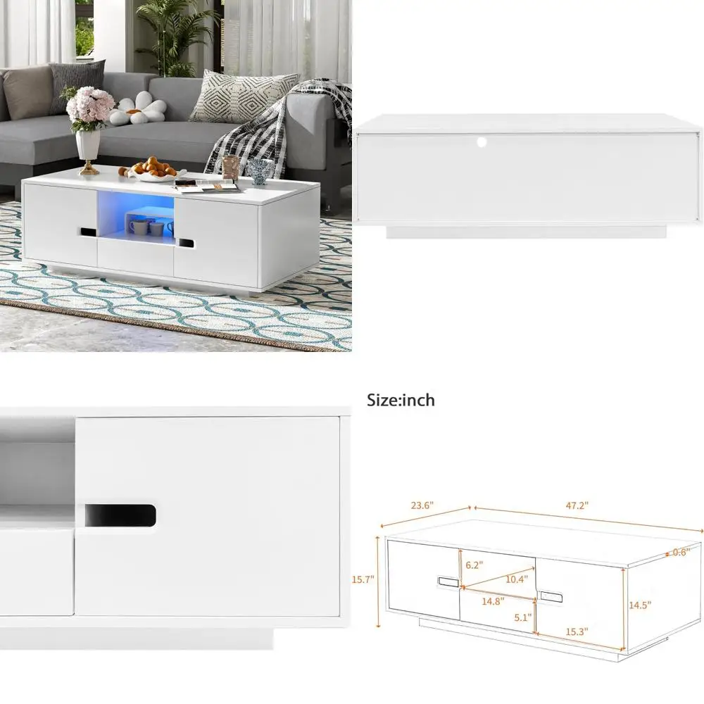 High Gloss LED Coffee Table 47.2-Inch Wooden Center Cocktail Table with Storage and 16 Color LED Lighting for Living Room