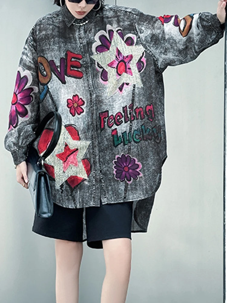 YERMORA Blue Tie-dye Printing Splice Sequins Big Sie Blouse For Women Lapel Long Sleeve Loose New Shirt Spring Summer 2025