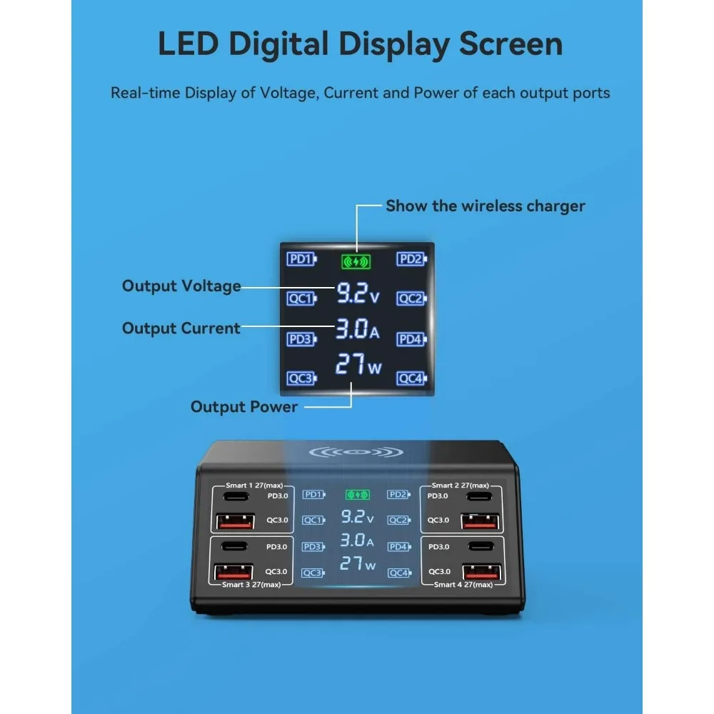 Estación de carga USB de 8 puertos de 100 W con carga rápida 3.0, USB-C PD, cargador inalámbrico y pantalla LCD para iPhone iPad Samsung