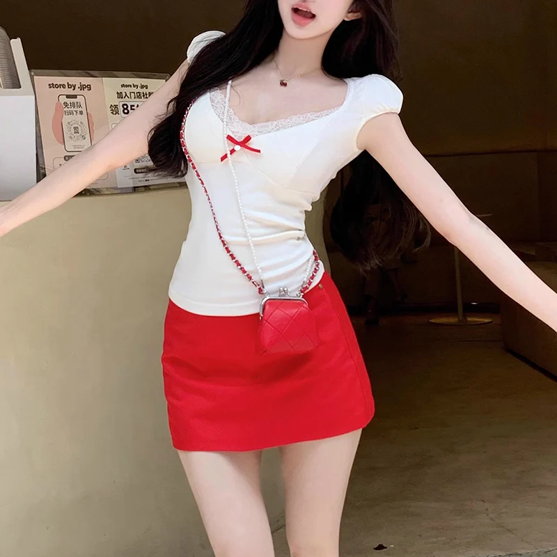 

Summer Lady Fashion Red High Waist Short Skirt Female Sexy Skinny Mini Dress Women Korean Slim Fit Thin Skirt