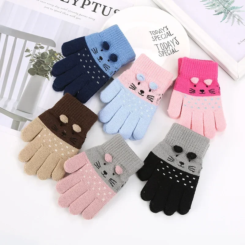 1 Pair Warm Furry Cute Kids Boy Girl Glove Sweet Cartoon Animal Kitten Toddler Glove Autumn Winter Thicken Plush Outdoor Gloves