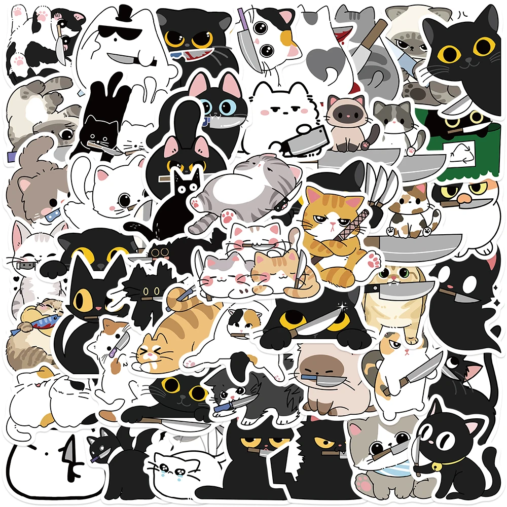 50PCS Knife Carrying Kitten Stickers Funny Cartoon Animals Decals For iPad Phone Case Laptop Skateboard DIY Waterproof Stickers