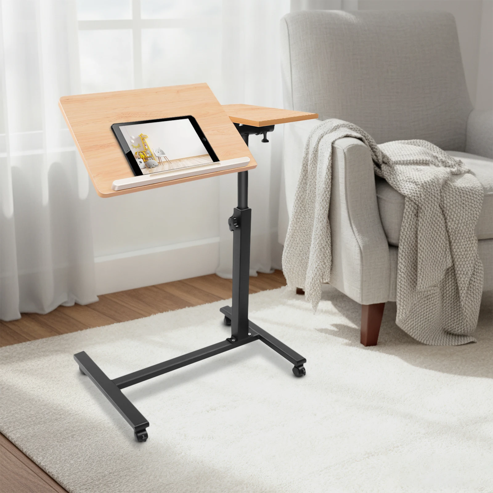Home Office Desk, Adjustable Height Mobile Standing Computer Desk, Portable Laptop Table, Sit Stand Design, 360 Degree Rotatable, Split Desktop, Ergonomic Workstation for Office, Study, Multifunction Rolling Cart Table, Small Space Furniture