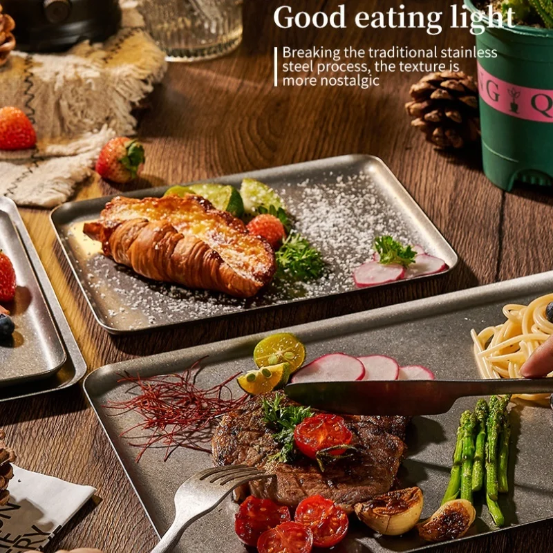 

Vintage 304 Stainless Steel Snowflake Silver Square Tray Round Edge Dinner Plate Dessert Grill Tray Steak Plate Decorative Tray