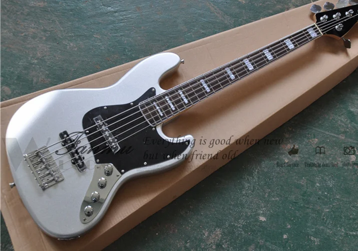 

5 String Electric Bass Guitar, Silver Body, JB Bass, Black Maple Headstock, Fixed Bridge active battery