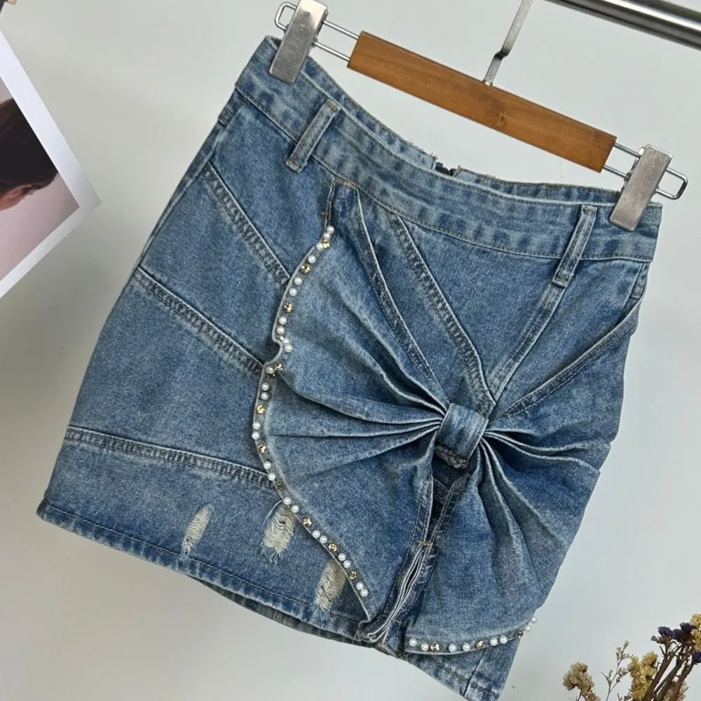 

New slim bead short skirt three-dimensional bow A-line denim skirt for women