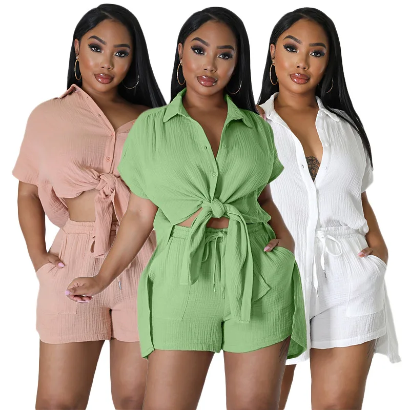 

Women 2 Piece Short Set Casual Outfits Short Sleeve Button Turn Down Collar Shirt Tops Summer Sexy Loose Tracksuit